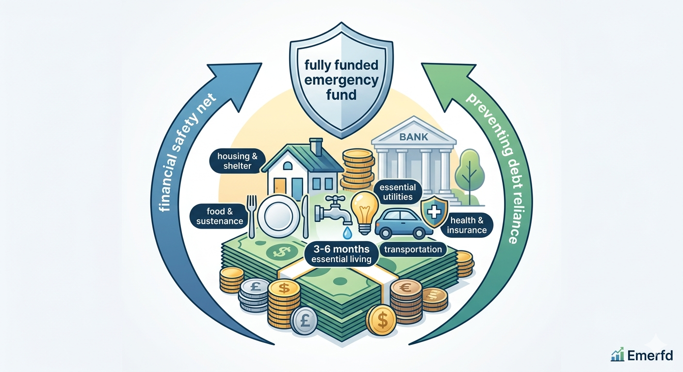 An infographic illustrating a fully funded emergency fund, showing a shield over a foundation of money that covers 3-6 months of essential living costs.