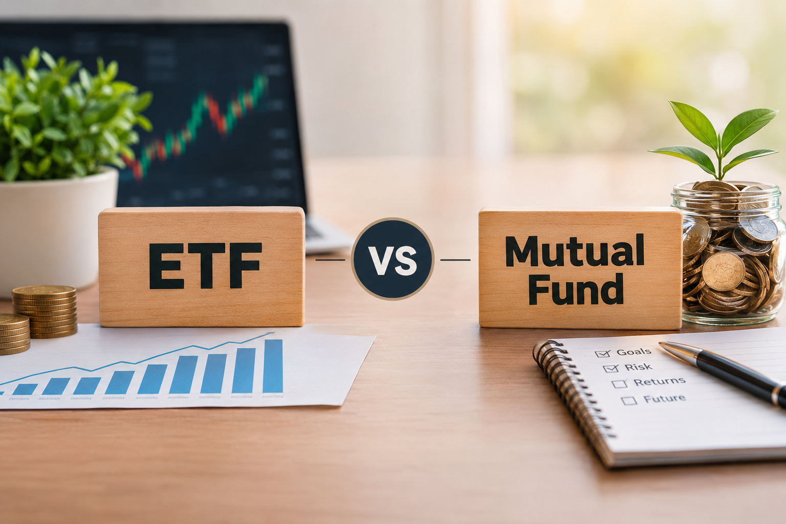 A desktop computer monitor displays a split-screen comparison of an ETF trading platform with live charts and a mutual fund portfolio summary. A small card in the foreground highlights key differences like intraday trading versus end-of-day NAV pricing.