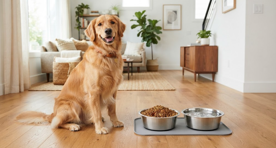 A happy Golden Retriever sitting on a wooden floor next to stainless steel bowls filled with dry dog food and clean water in a bright living room.